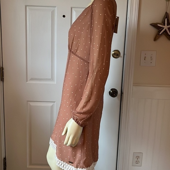 𝅺NWT Mismash Sheer Bubble Sleeves Taupe with Cream Polka Dots Dress M - Picture 2 of 12